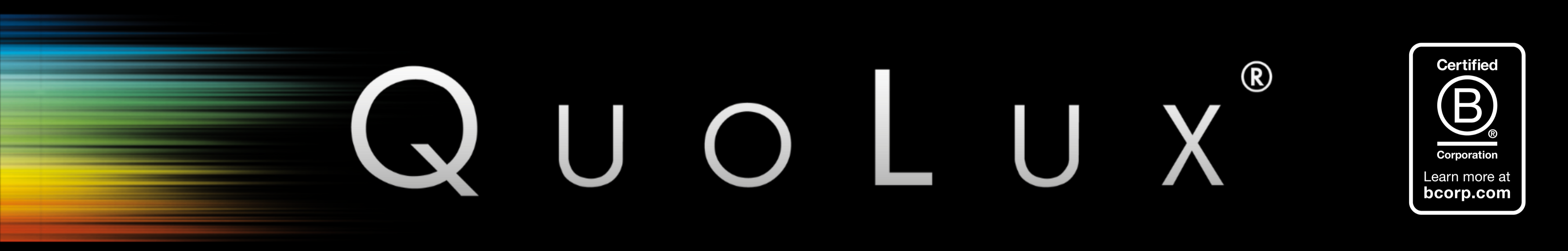 QuoLux™ logo on black strip with light spectrum flash and B Corp logo